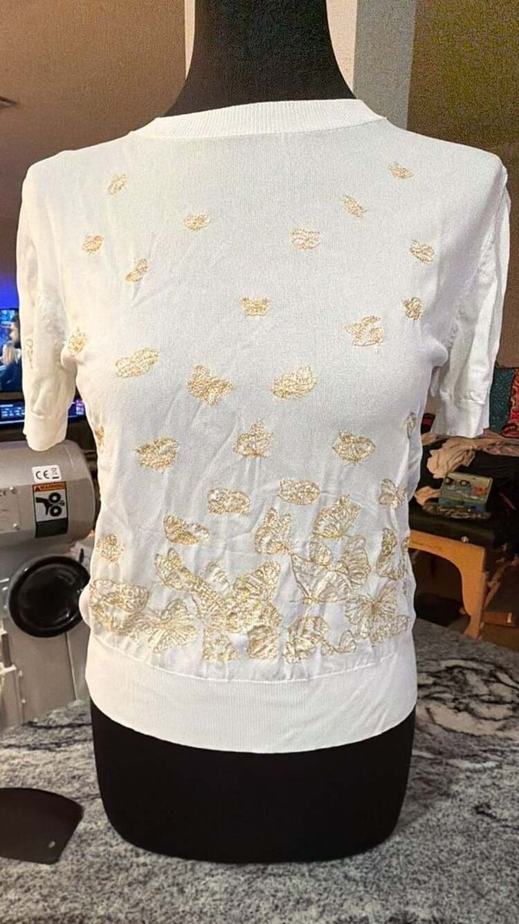 Christian Dior VintageShort Sleeve Knit Top with Gold Butterfly Embroidery